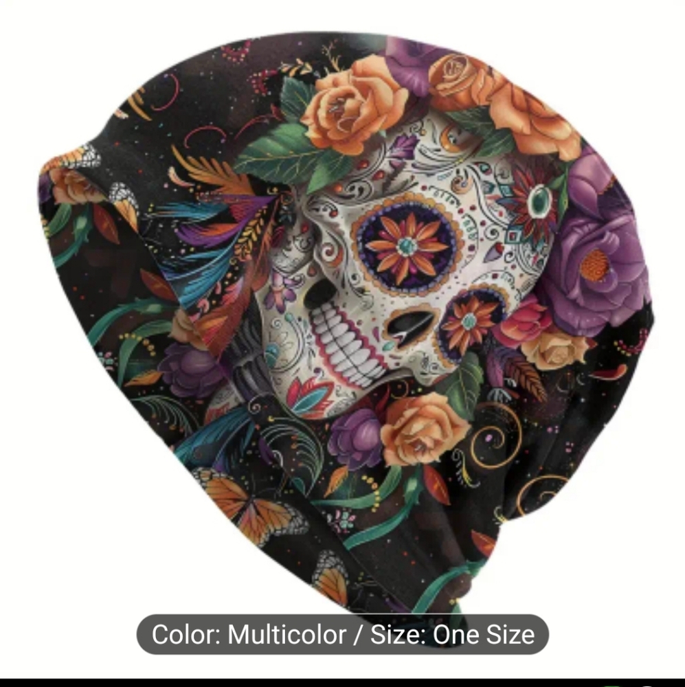Colorful Skull Print Slouch Beanie